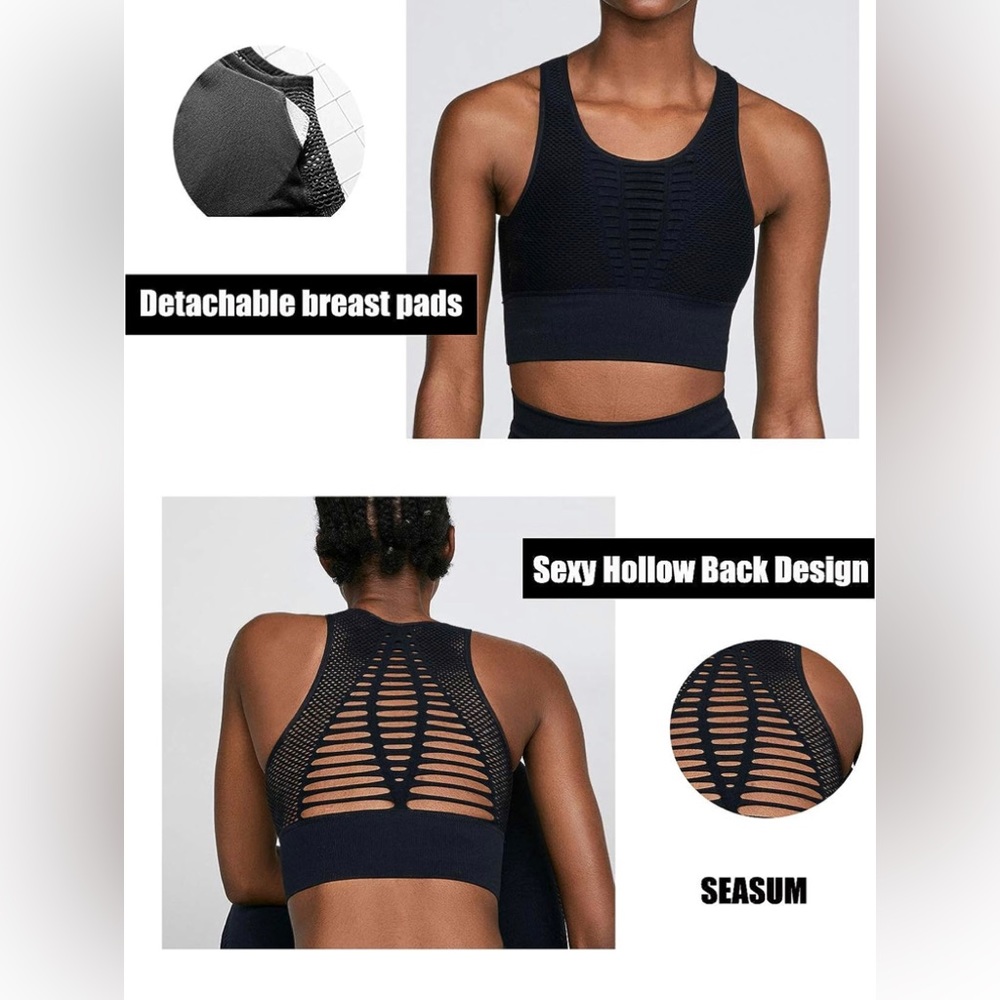 SEASUM Women's Longline Sport Seamless Bra -Medium (Black)
